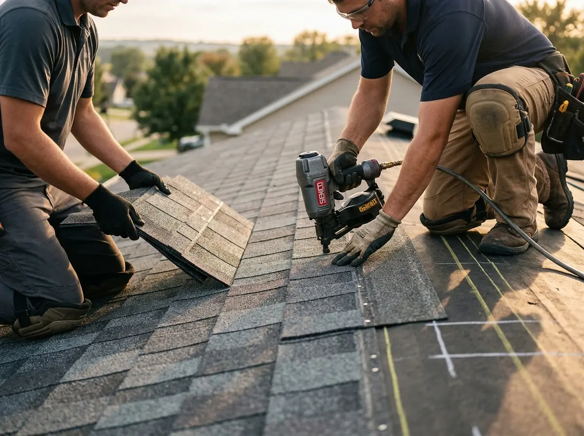 Professional roofer working on a residential roof in Covina